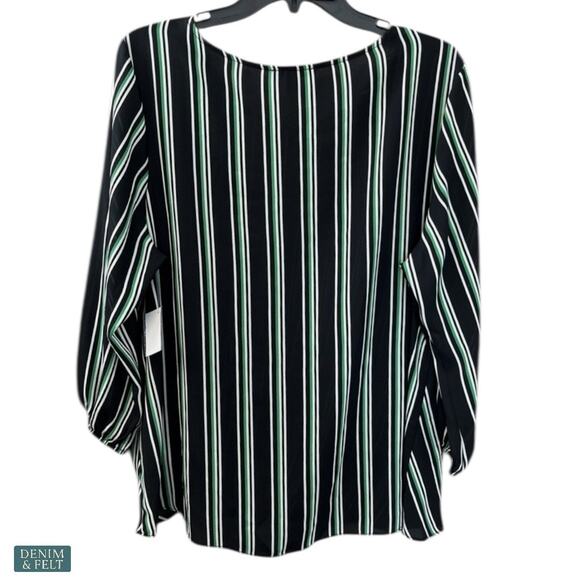 Roz & Ali Black Green Stripe Twist Front 3/4 Sleeve Blouse Plus Size 1X NEW~NWT - Picture 2 of 9